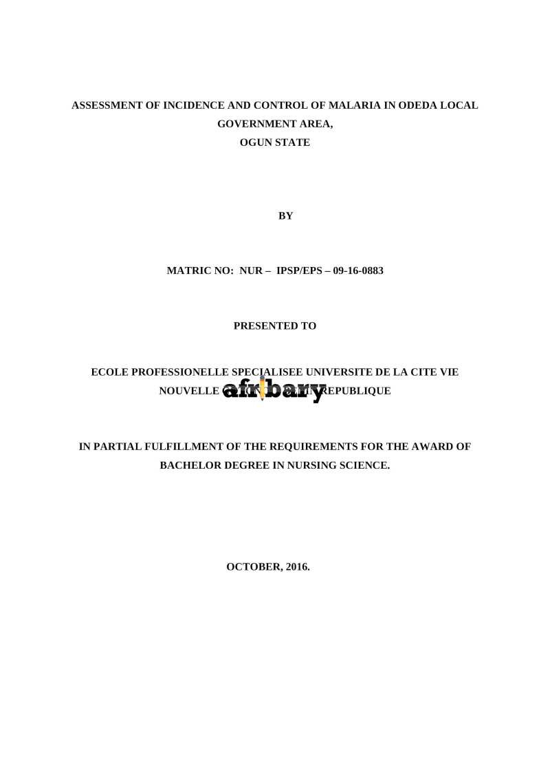 ASSESSMENT OF INCIDENCE AND CONTROL OF MALARIA IN ODEDA LOCAL ...