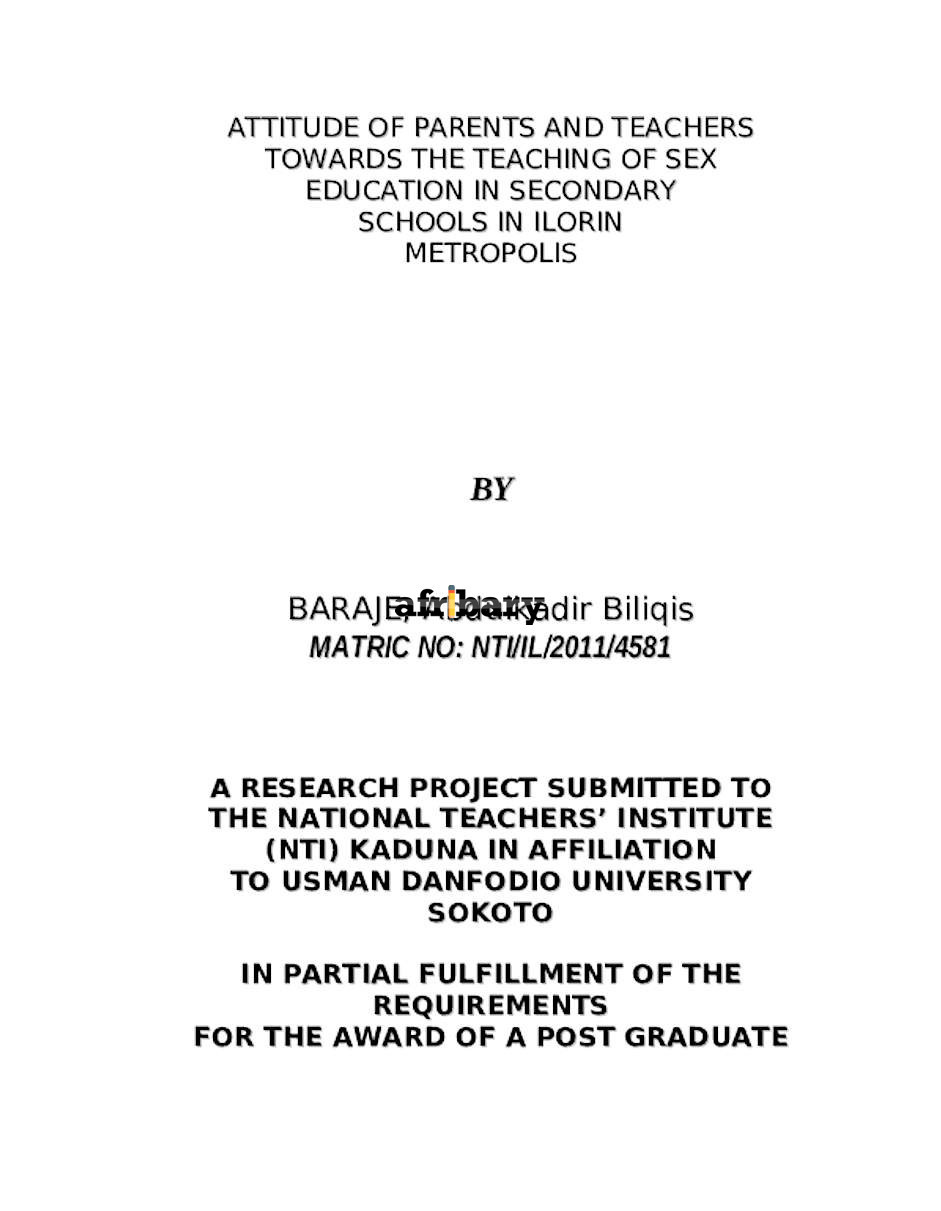 Attitude of Parents and Teachers Towards the Teaching of Sex Education in  Secondary Schools in Ilorin Metropolis | Afribary