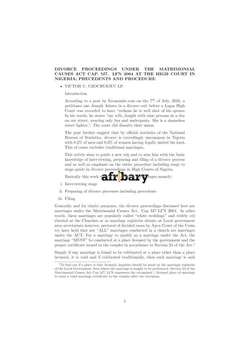 Divorce Proceedings Under The Matrimonial Causes Act Cap. M7. Lfn 2004