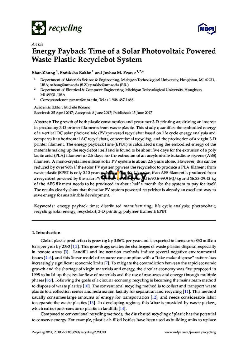 Energy Payback Time of a Solar Photovoltaic Powered Waste Plastic ...