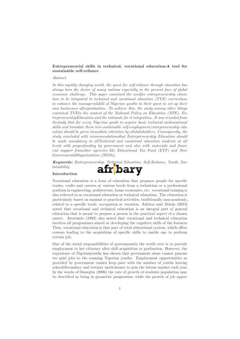 Entrepreneurial skills in technical, vocational education