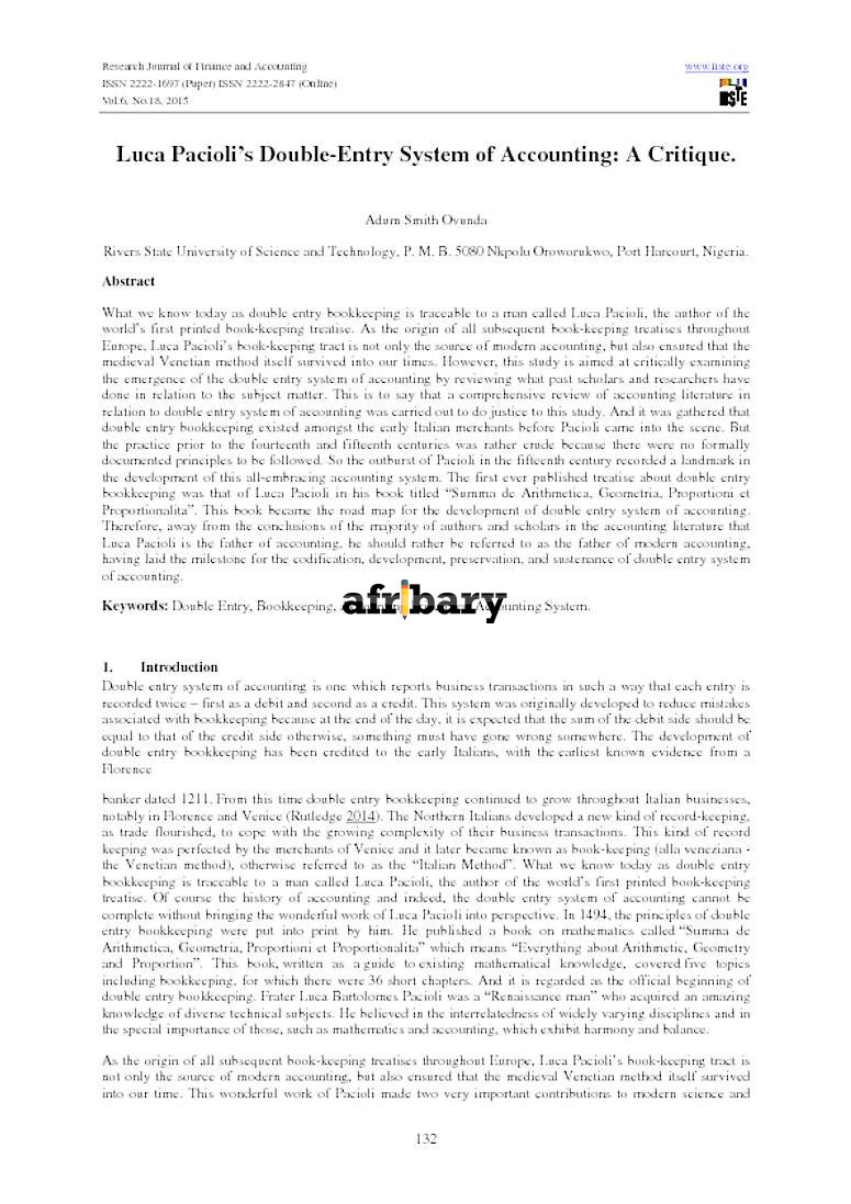 Luca Pacioli's DoubleEntry System of Accounting A Critique Afribary
