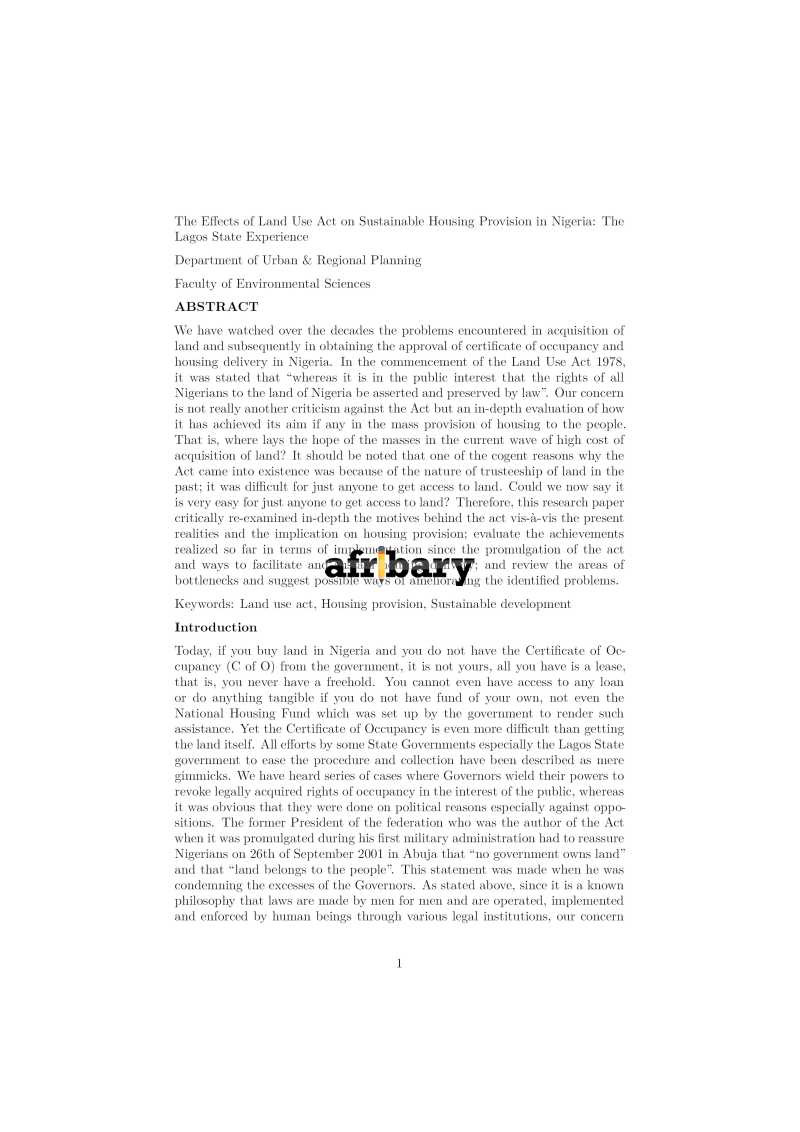 The Effects of Land Use Act on Sustainable Housing Provision in Nigeria