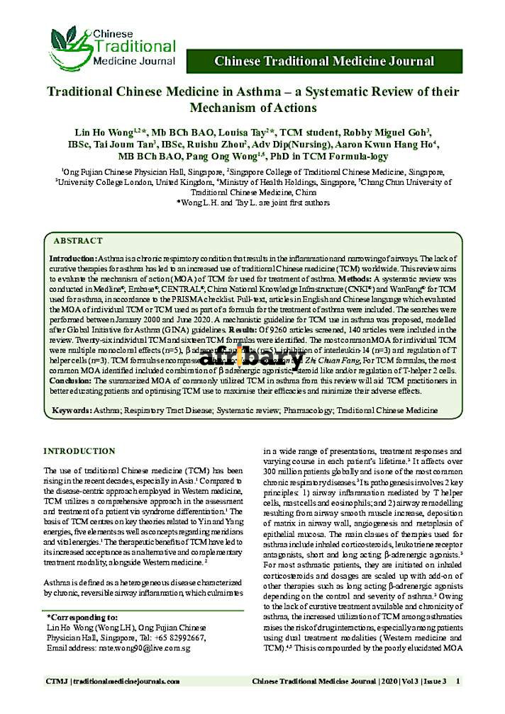 Traditional Chinese Medicine in Asthma a Systematic Review of their Mechanism of Actions